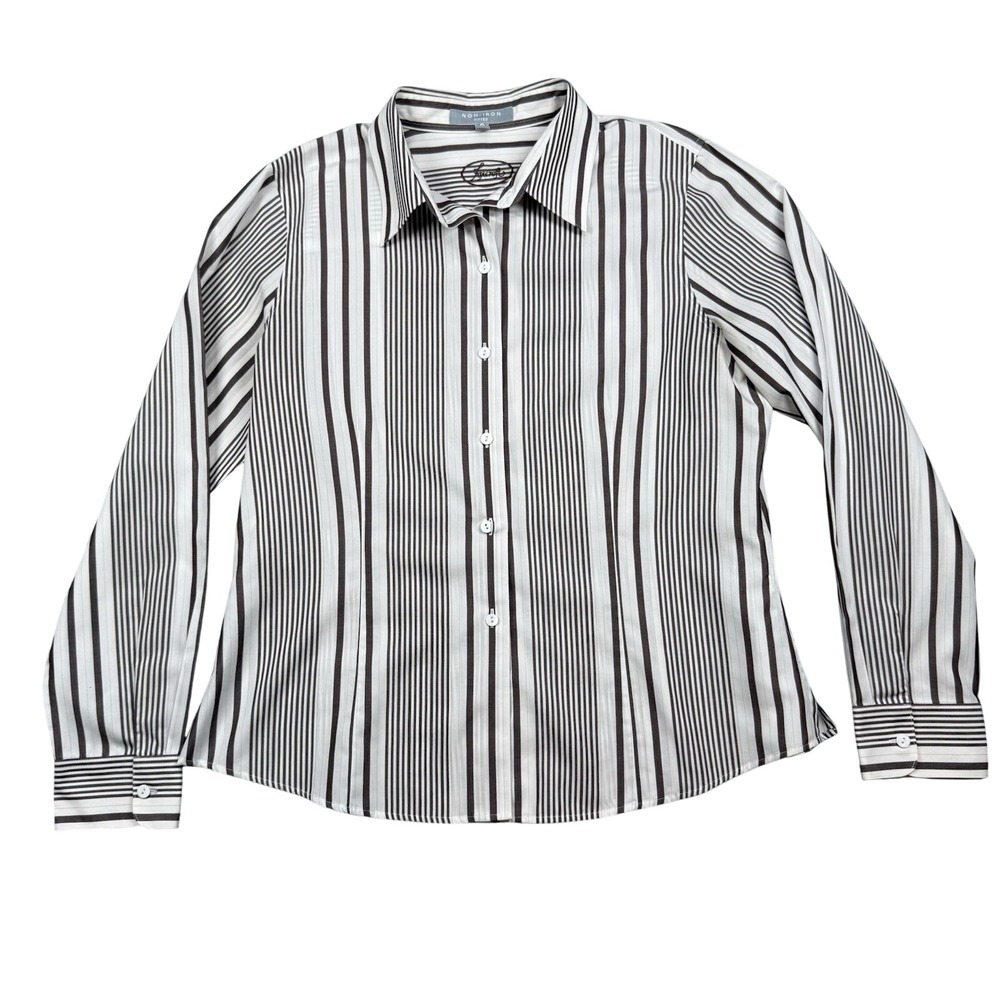 Foxcroft Non-Iron Fitted Shirt Women 12 White Brown Striped Cotton Long Sleeve